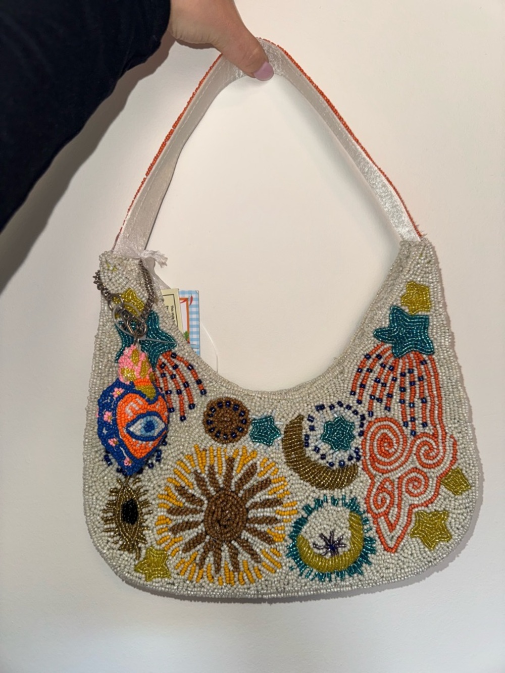 Beaded White Multicolor Embellished Shoulder Bag